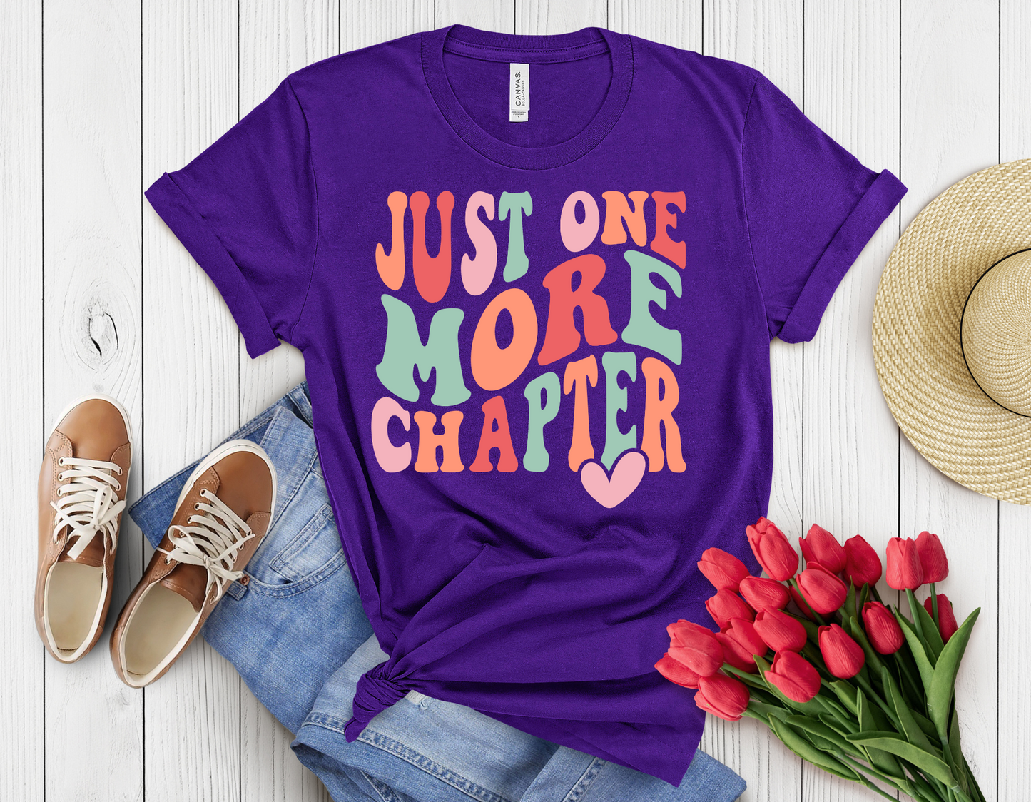 colorful just one more book t-shirt